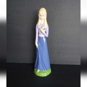 Vintage 80's Ceramic Mold Figurine Girl Holding Rose 12" Purple Top